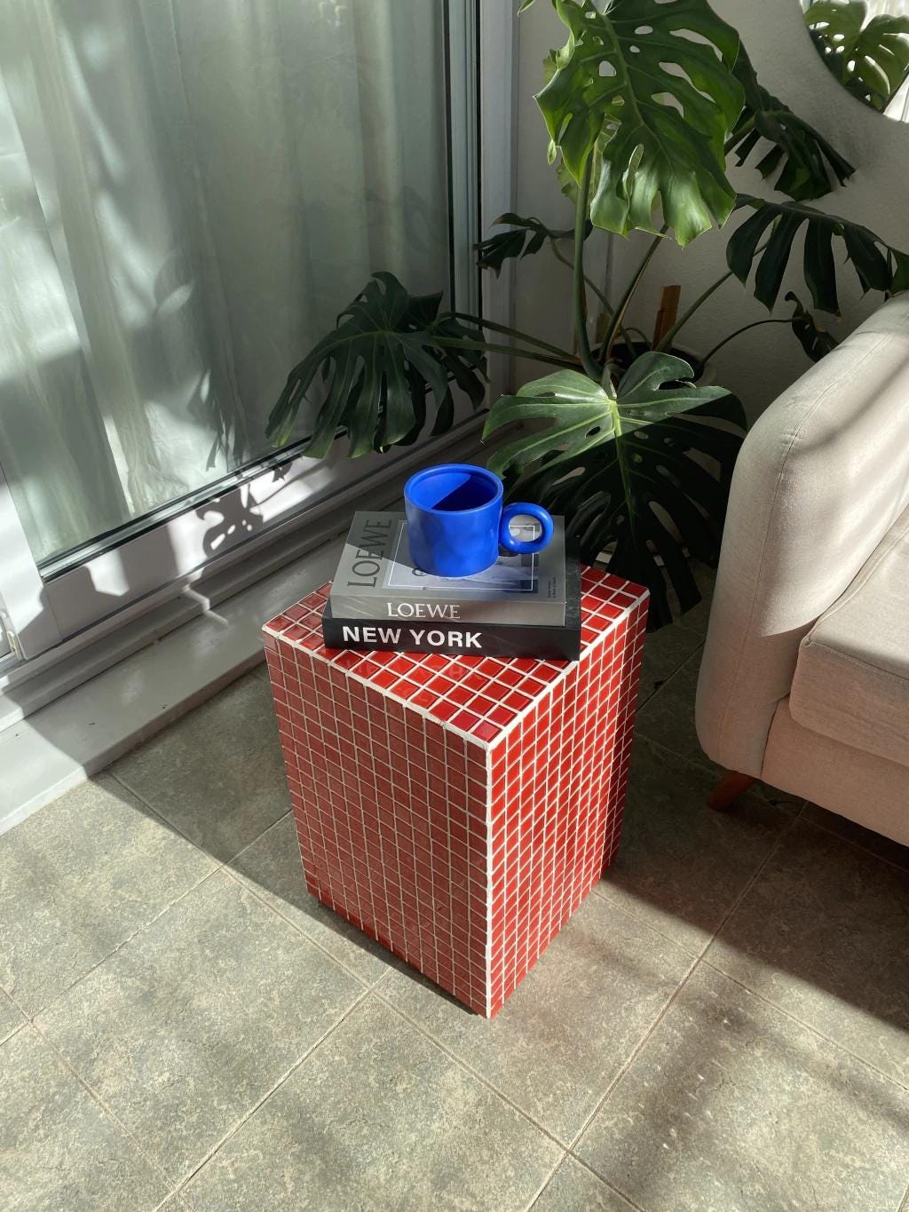 Red Mosaic Side Table, Handmade Glass Tile Pedestal Accent Furniture