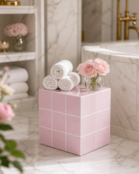 Handmade Pastel Pink Ceramic Tile Side Table, Modern Accent Furniture