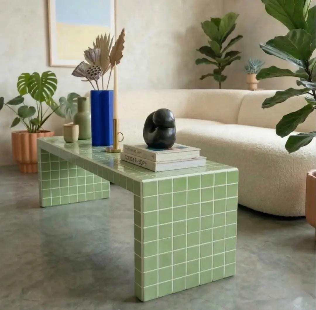 Handmade Ceramic Tile Coffee Table, Retro Tiled Accent Furniture, Japandi Living Room Decor