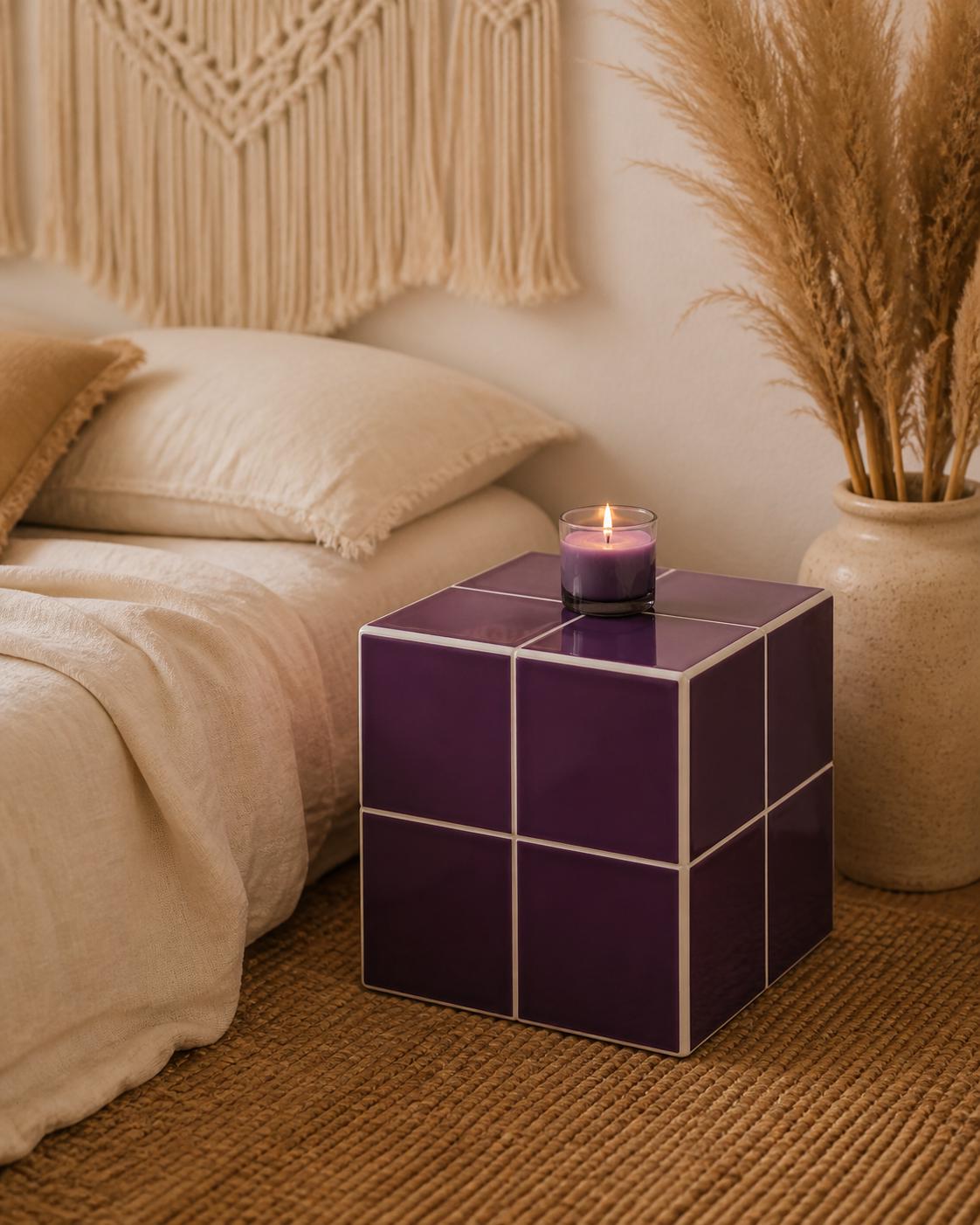 Handmade Purple Ceramic Tile Cube Side Table, Modern Accent Furniture