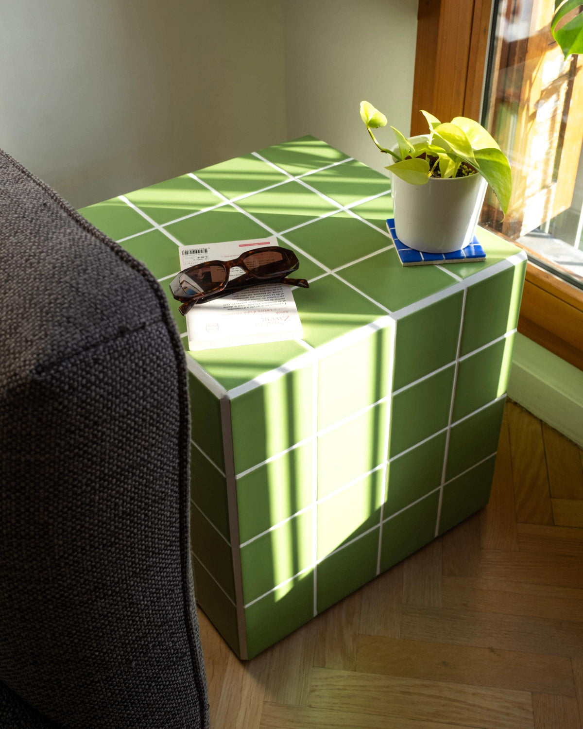 Handmade Ceramic Tile Side Table, Modern Cube Accent Furniture