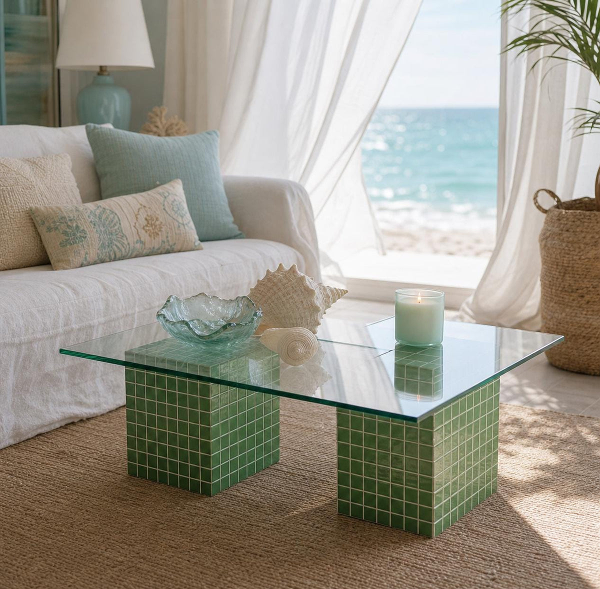 Handmade Green Tile Base Glass Coffee Table, Retro Modern Statement Furniture