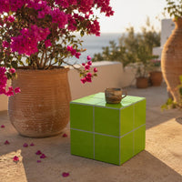 Handmade Pistachio Green Ceramic Tile Cube Side Table, Boho Accent Furniture