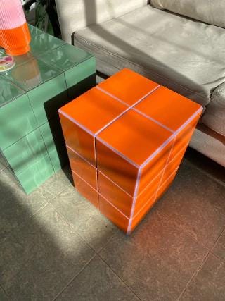 Orange Ceramic Tile Cube Side Table, Handmade Retro Accent Furniture