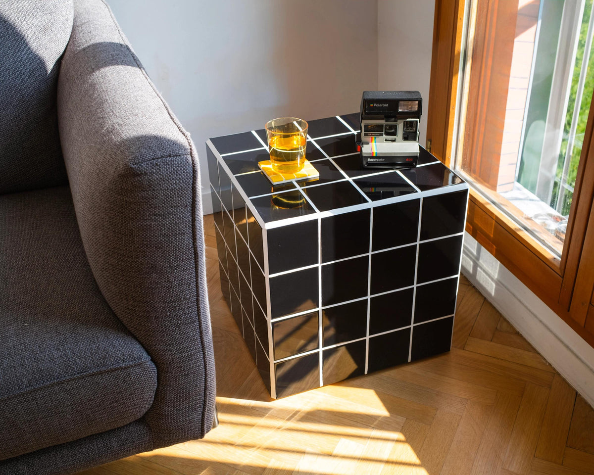 Handmade Ceramic Tile Side Table, Modern Cube Accent Furniture