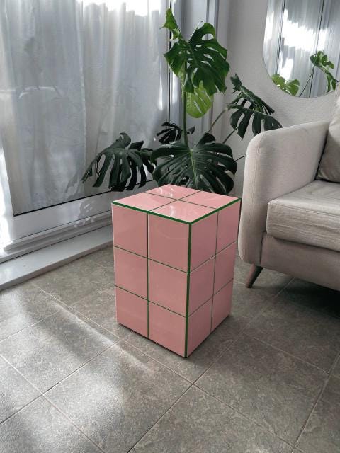 Handmade Blush Pink Ceramic Tile Cube Table, Bedside Accent Stand, Feminine Home Decor