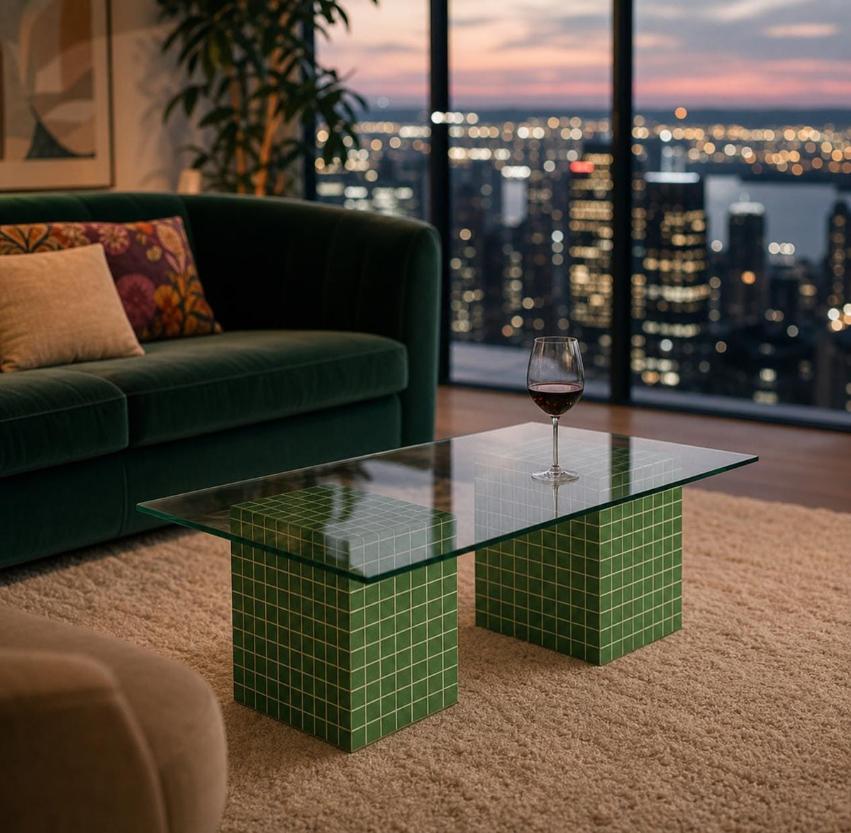Handmade Green Tile Base Glass Coffee Table, Retro Modern Statement Furniture
