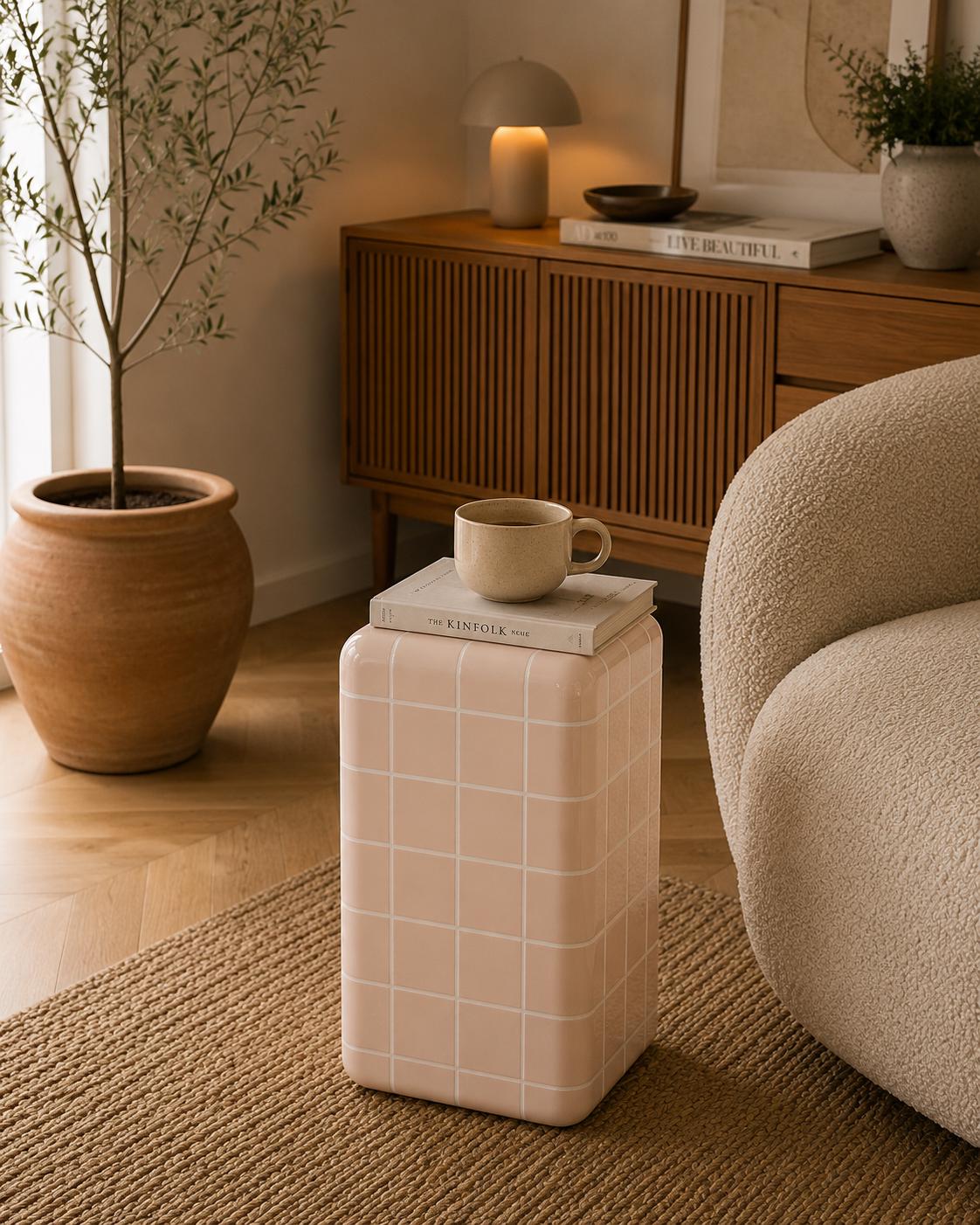 Handmade Ceramic Tile Side Table | Japandi Accent Furniture, Bedside Accent