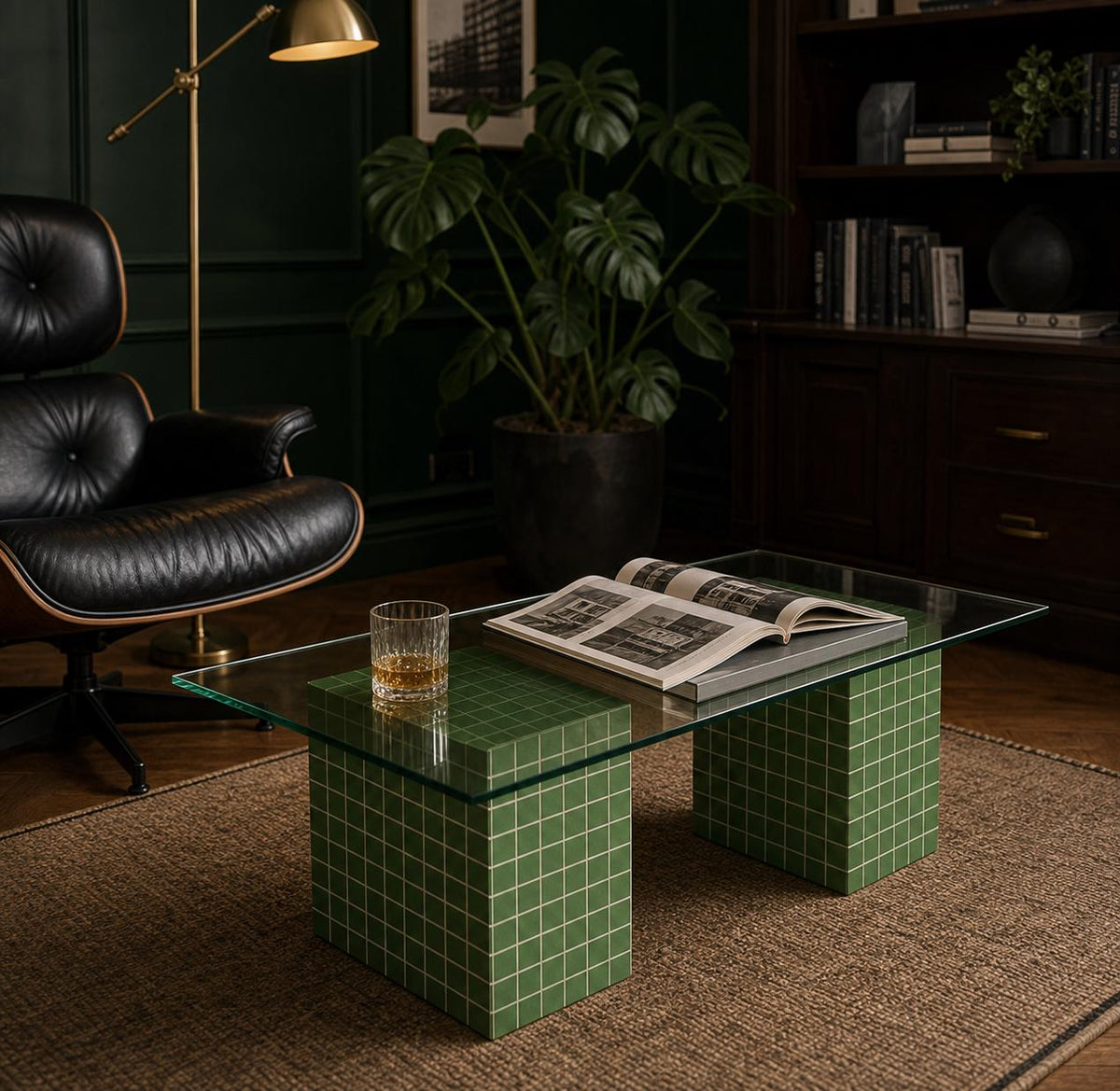 Handmade Green Tile Base Glass Coffee Table, Retro Modern Statement Furniture
