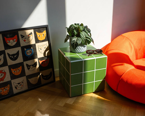 Handmade Ceramic Tile Side Table, Modern Cube Accent Furniture
