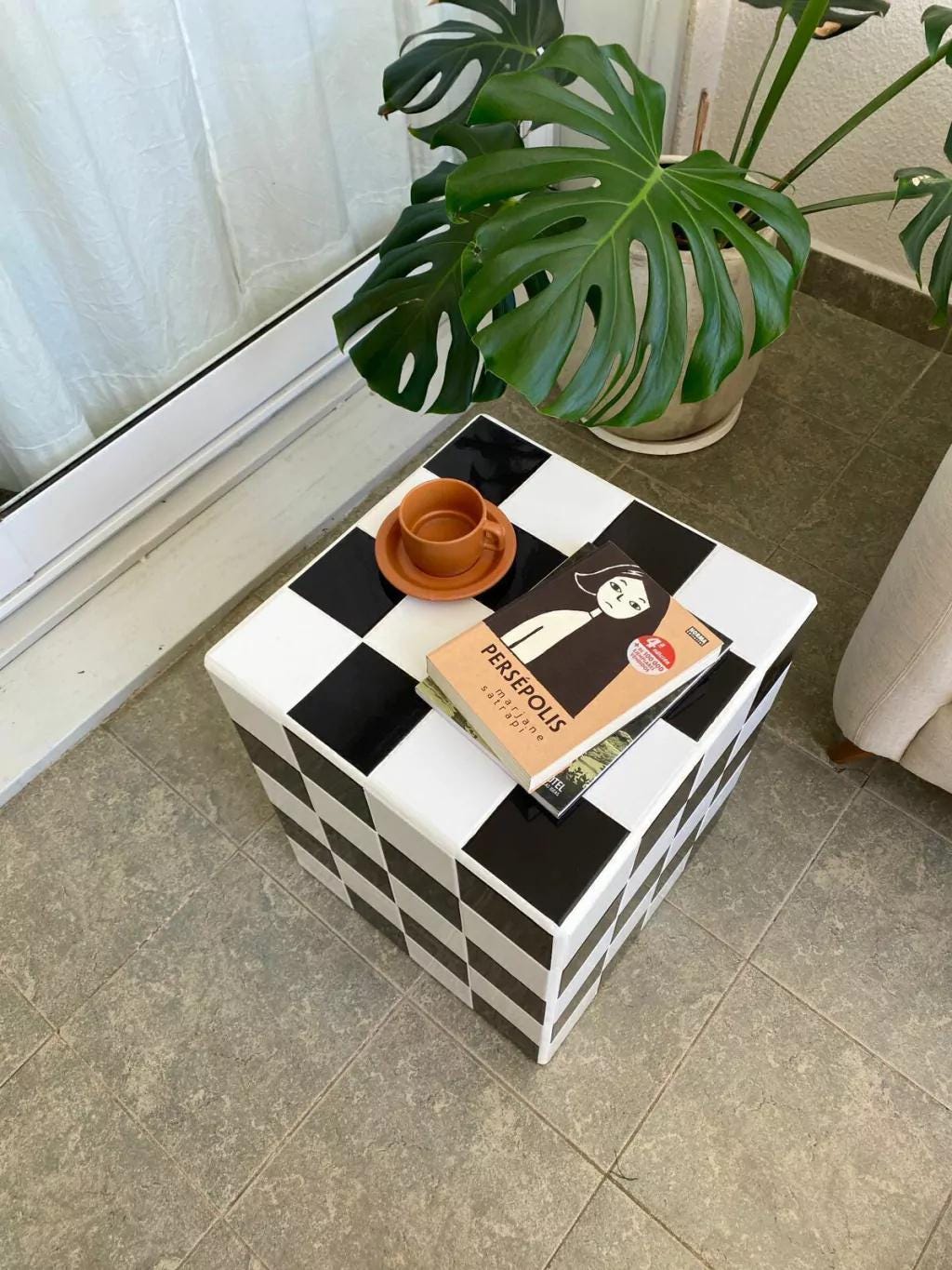 Checkerboard Tile Side Table, Black White Ceramic Cube Nightstand, Retro 80s Decor