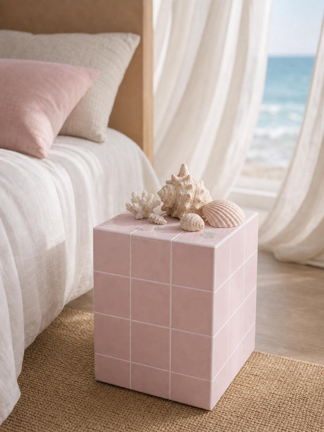 Handmade Pastel Pink Ceramic Tile Side Table, Modern Accent Furniture
