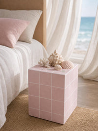 Handmade Pastel Pink Ceramic Tile Side Table, Modern Accent Furniture