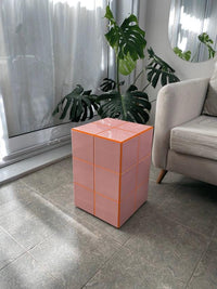 Handmade Pink Ceramic Tile Cube Table, Blush Accent Furniture, Modern Orange Grout Detail