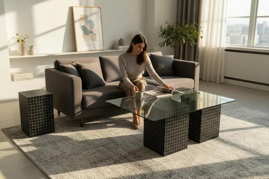 TRIO Handmade Green Tile Base Glass Coffee Table, Retro Modern Statement Furniture