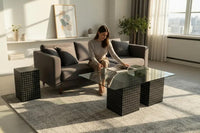 TRIO Handmade Green Tile Base Glass Coffee Table, Retro Modern Statement Furniture