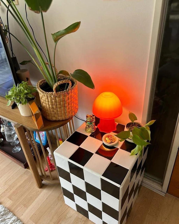 Checkerboard Tile Side Table, Black White Ceramic Cube Nightstand, Retro 80s Decor - alternate view