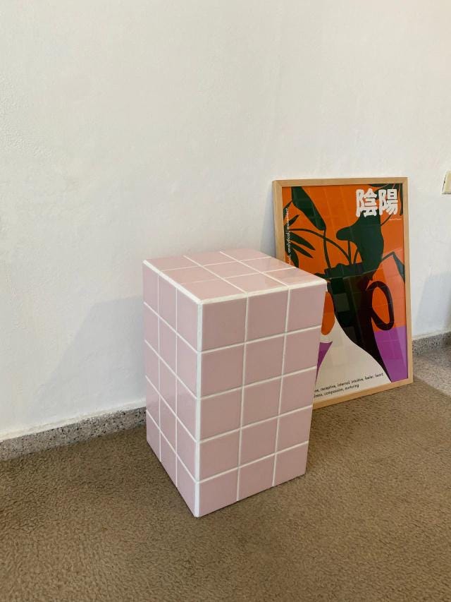 Handmade Pastel Pink Ceramic Tile Side Table, Modern Accent Furniture