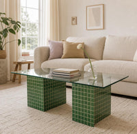 Handmade Green Tile Base Glass Coffee Table, Retro Modern Statement Furniture