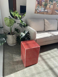 Red Mosaic Side Table, Handmade Glass Tile Pedestal Accent Furniture