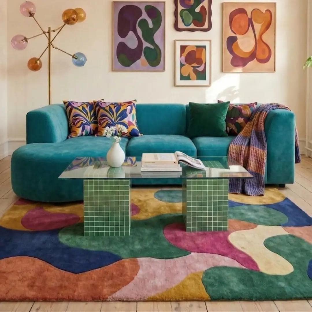 Handmade Green Tile Base Glass Coffee Table, Retro Modern Statement Furniture
