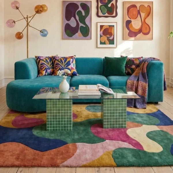 Handmade Green Tile Base Glass Coffee Table, Retro Modern Statement Furniture - alternate view
