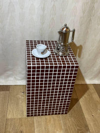 Red Mosaic Side Table, Handmade Glass Tile Pedestal Accent Furniture