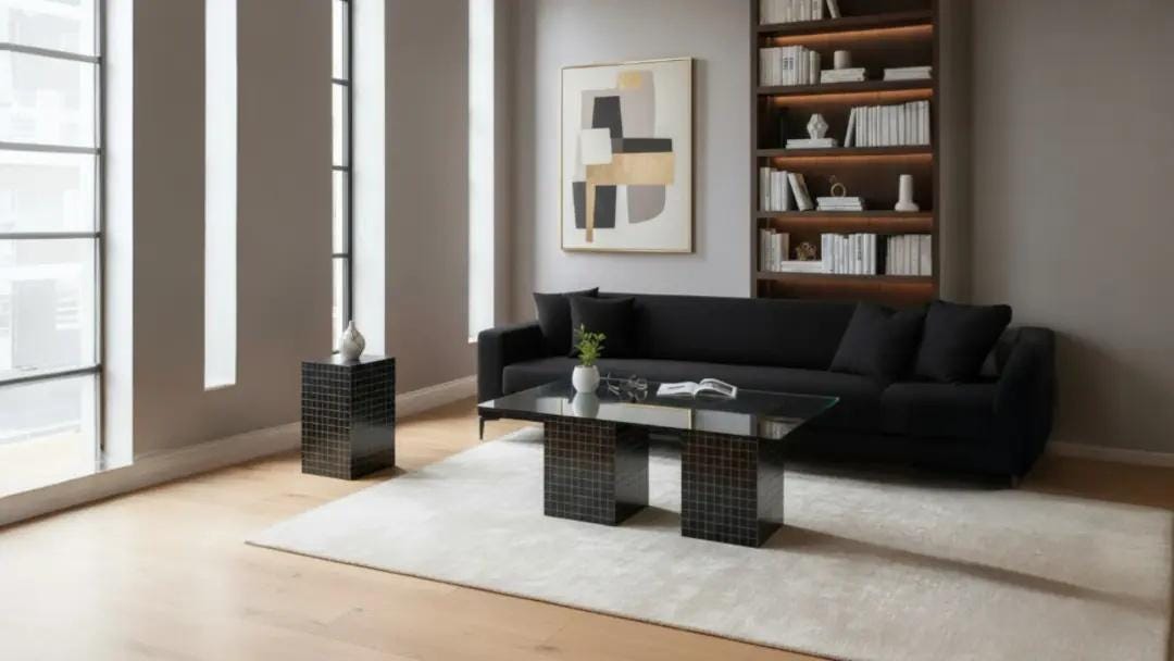 TRIO Handmade Green Tile Base Glass Coffee Table, Retro Modern Statement Furniture