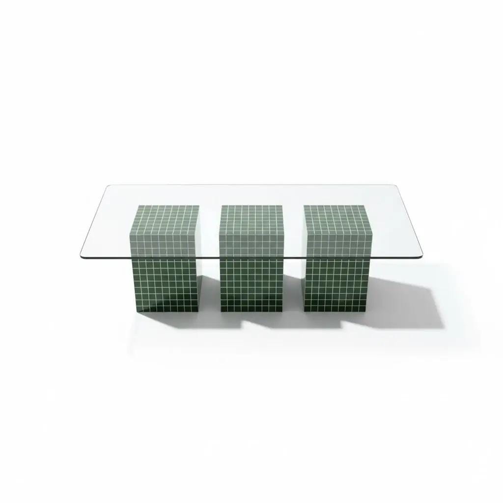TRIO Handmade Green Tile Base Glass Coffee Table, Retro Modern Statement Furniture