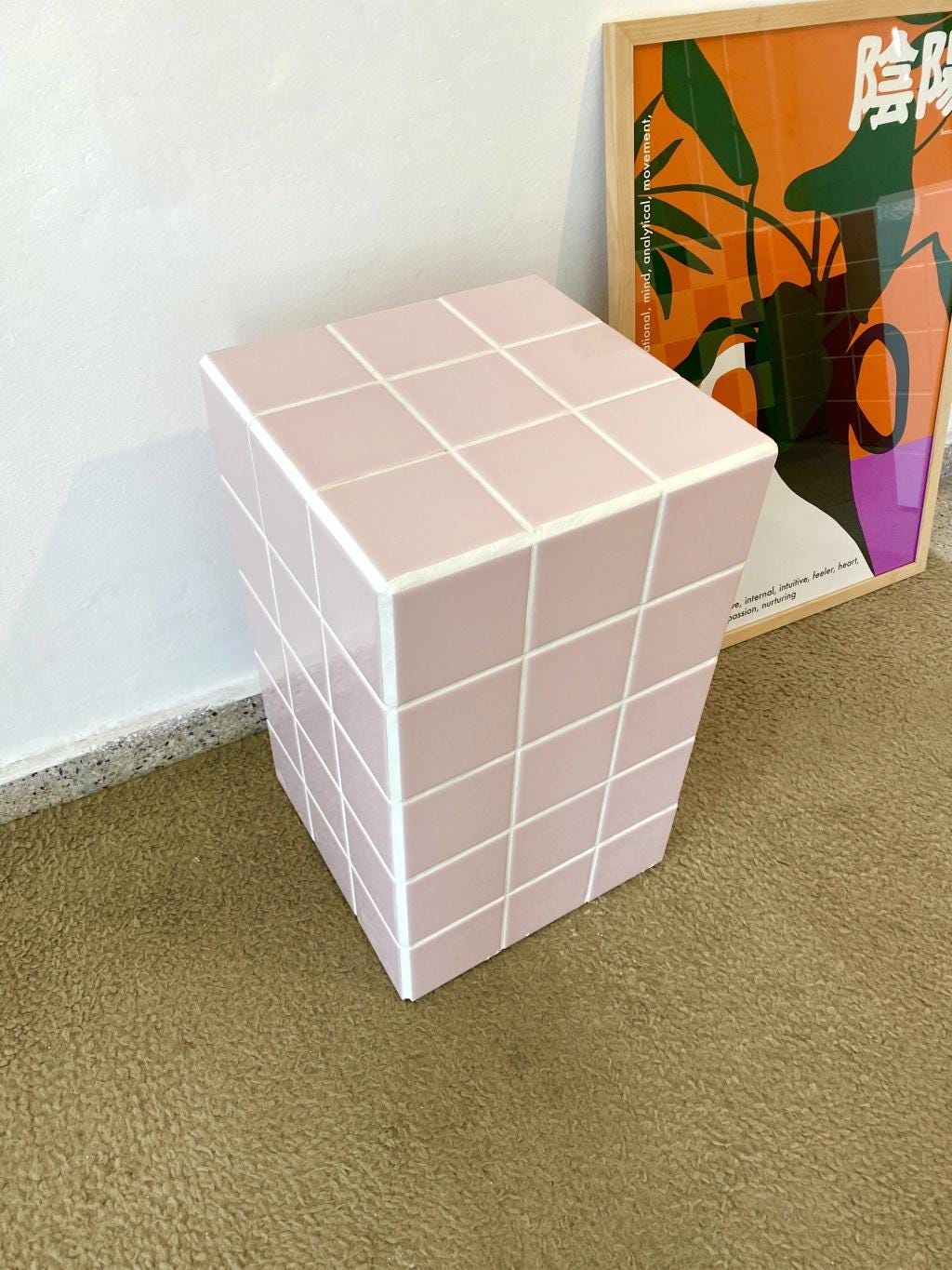 Handmade Pastel Pink Ceramic Tile Side Table, Modern Accent Furniture