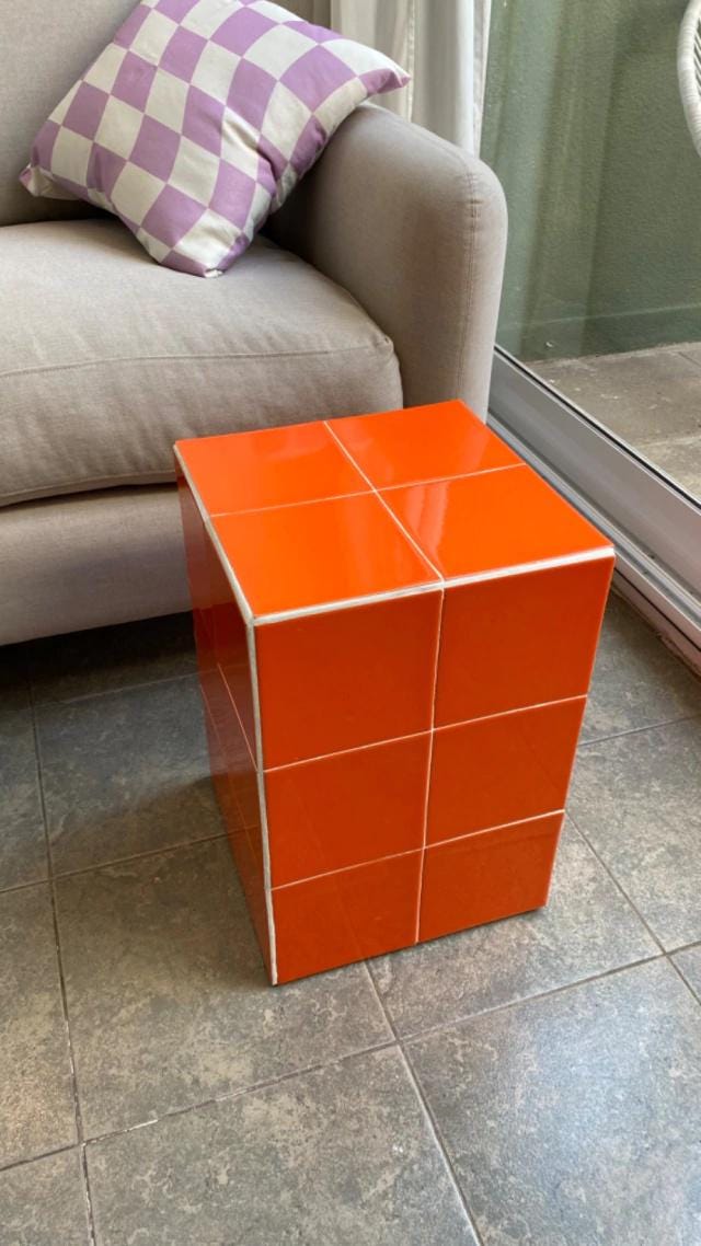 Handmade Orange Ceramic Tile Cube Side Table, Retro Accent Furniture