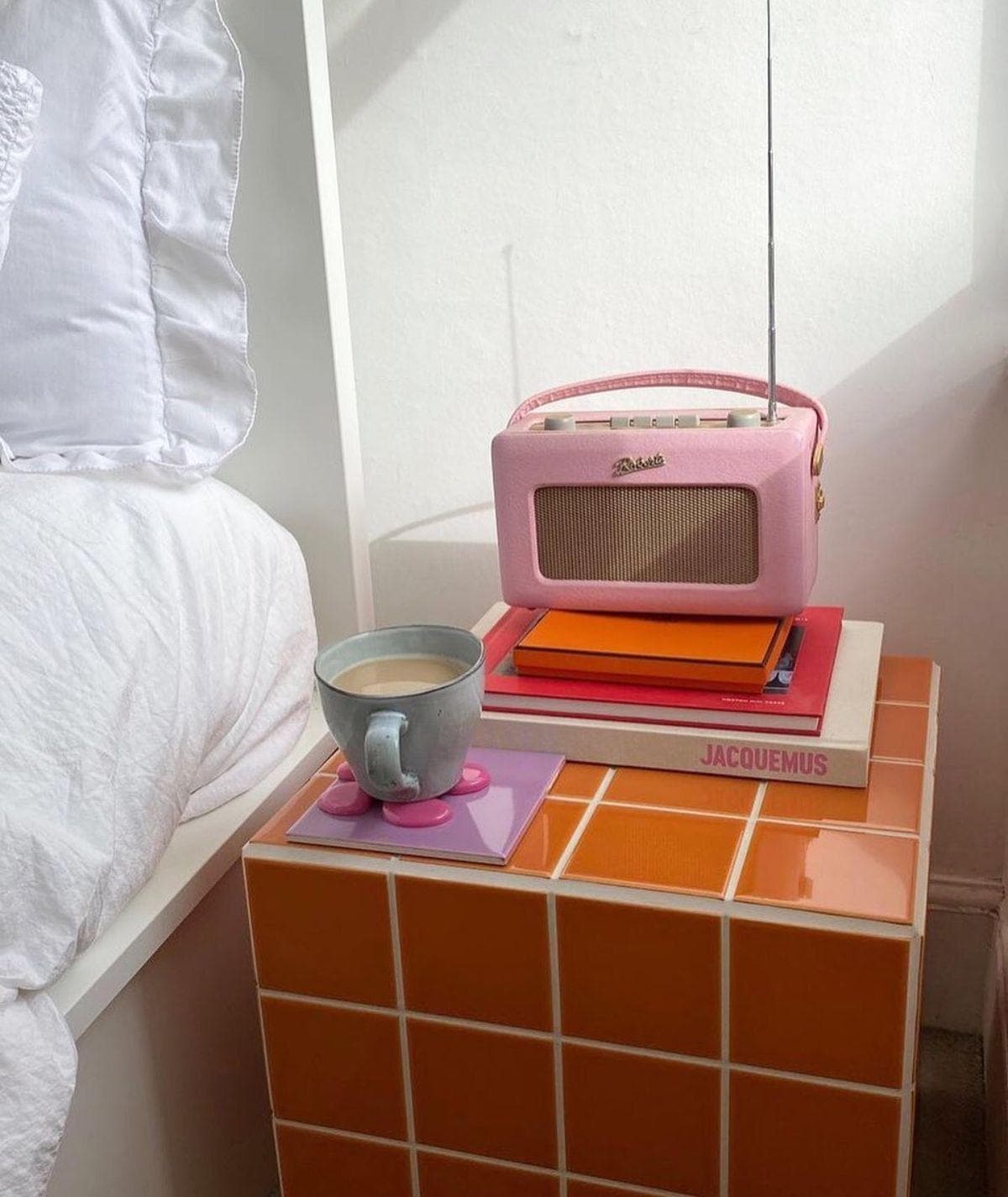Orange Ceramic Tile Cube Side Table, Handmade Retro Accent Furniture