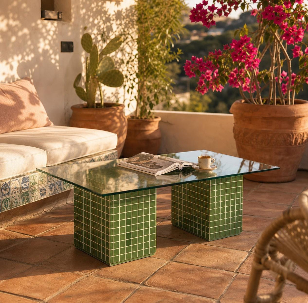 Handmade Green Tile Base Glass Coffee Table, Retro Modern Statement Furniture