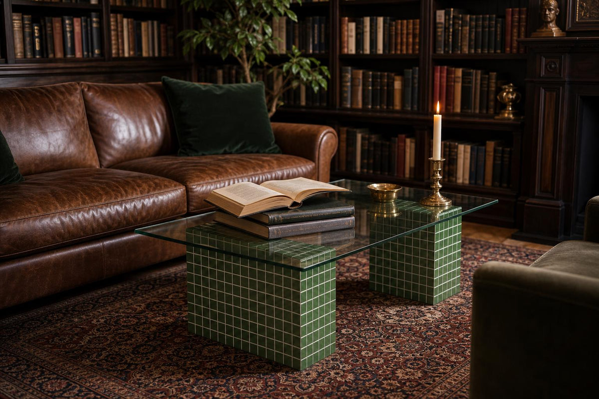 Handmade Green Tile Base Glass Coffee Table, Retro Modern Statement Furniture