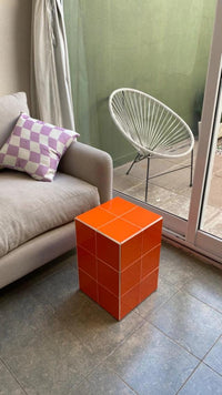 Handmade Orange Ceramic Tile Cube Side Table, Retro Accent Furniture