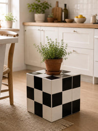 Checkerboard Tile Side Table, Black White Ceramic Cube Nightstand, Retro 80s Decor