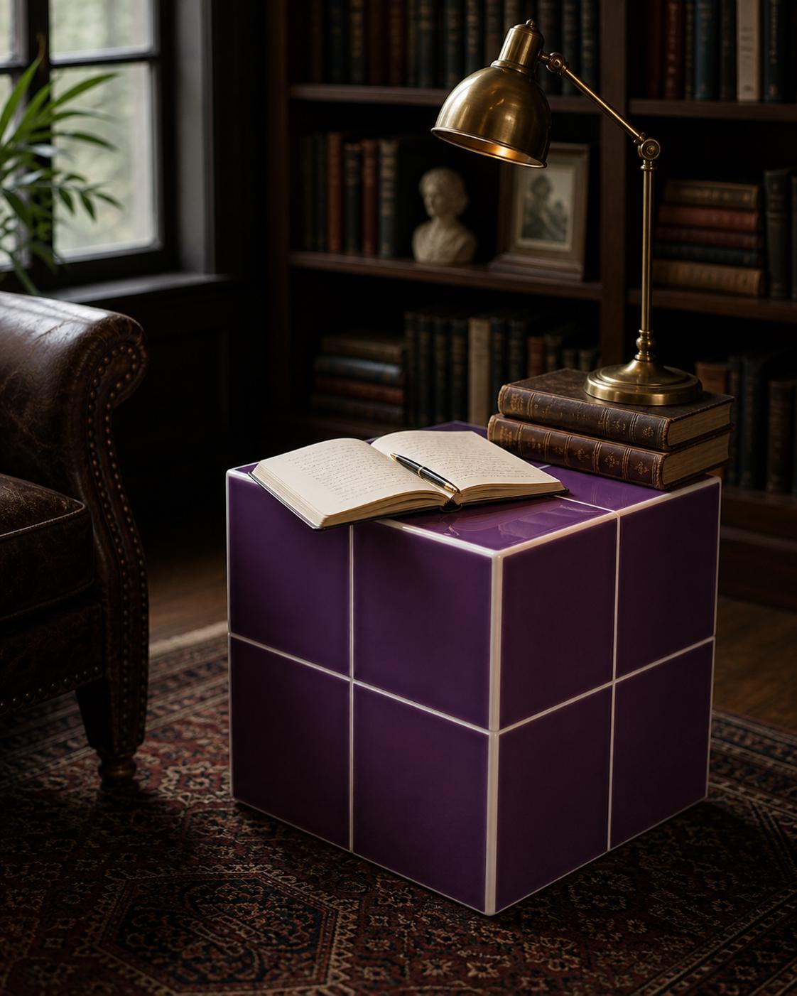 Handmade Purple Ceramic Tile Cube Side Table, Modern Accent Furniture