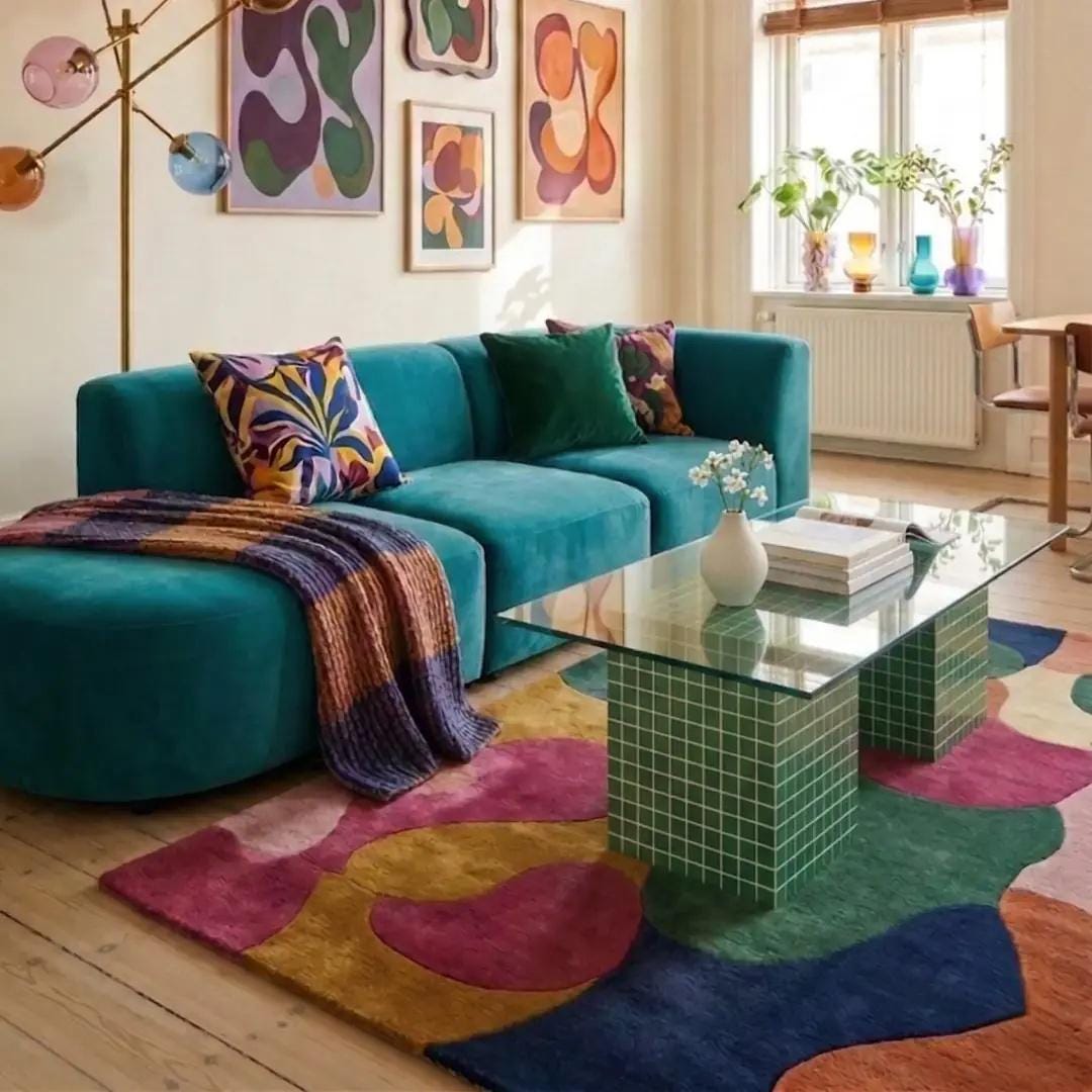 Handmade Green Tile Base Glass Coffee Table, Retro Modern Statement Furniture