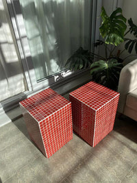 Red Mosaic Side Table, Handmade Glass Tile Pedestal Accent Furniture
