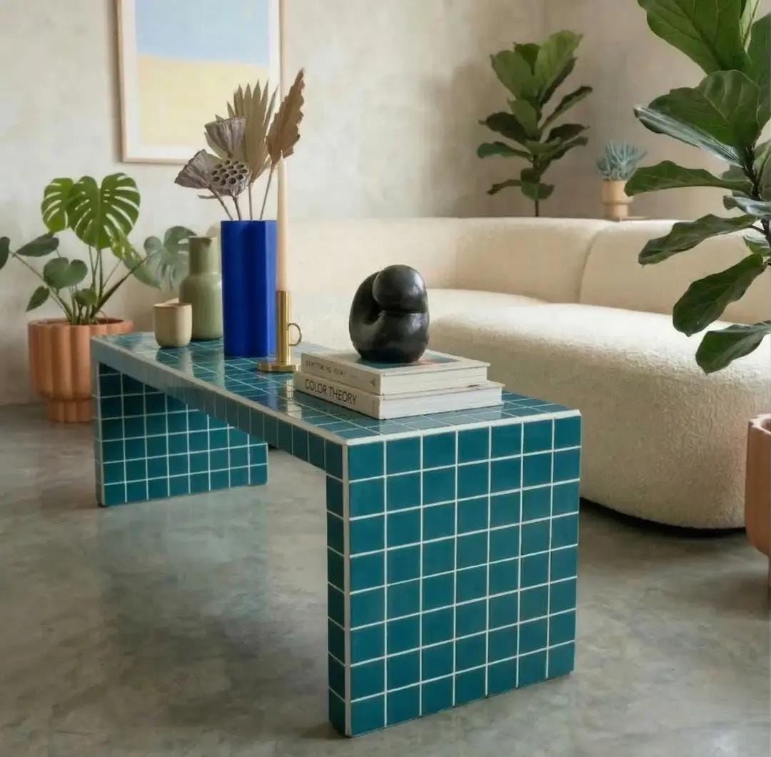 Handmade Ceramic Tile Coffee Table, Retro Tiled Accent Furniture, Japandi Living Room Decor