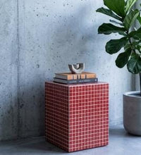 Red Mosaic Side Table, Handmade Glass Tile Pedestal Accent Furniture