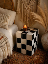 Checkerboard Tile Side Table, Black White Ceramic Cube Nightstand, Retro 80s Decor