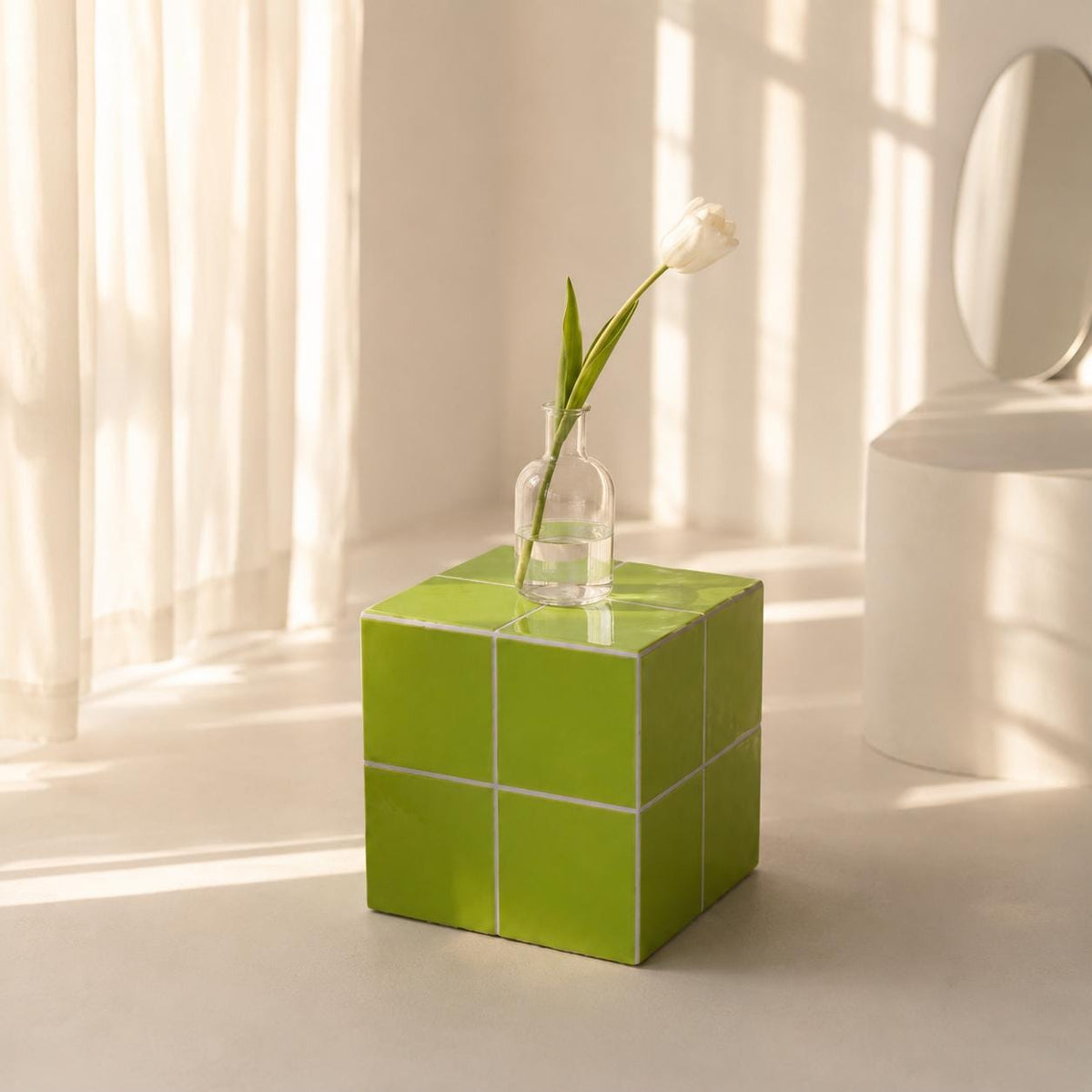 Handmade Pistachio Green Ceramic Tile Cube Side Table, Boho Accent Furniture