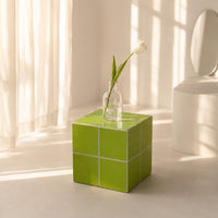 Handmade Pistachio Green Ceramic Tile Cube Side Table, Boho Accent Furniture