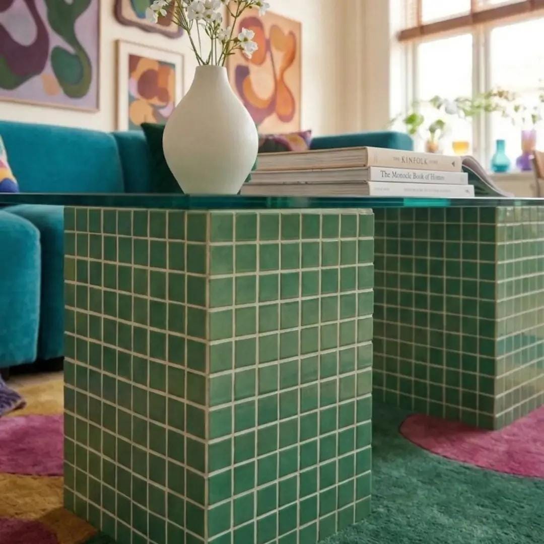 Handmade Green Tile Base Glass Coffee Table, Retro Modern Statement Furniture