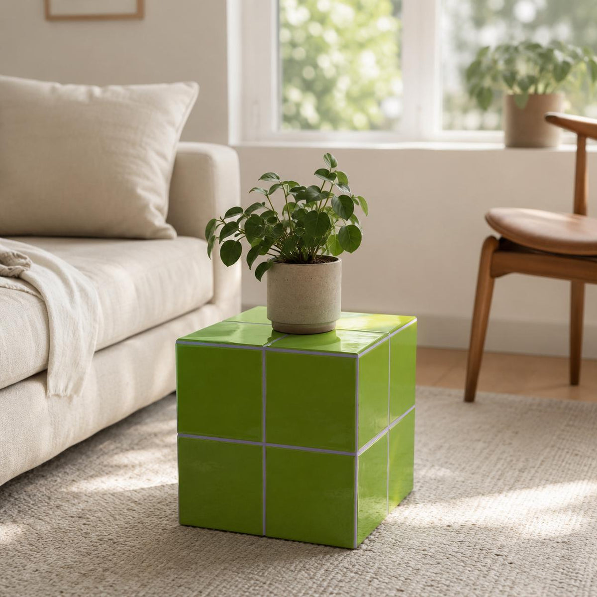 Handmade Pistachio Green Ceramic Tile Cube Side Table, Boho Accent Furniture