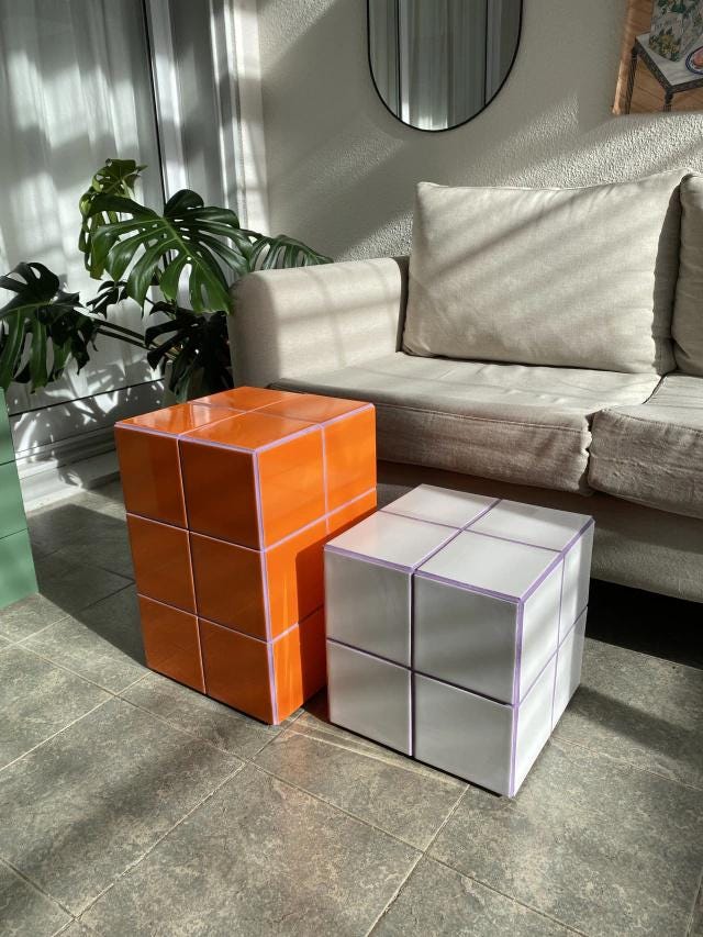 Orange Ceramic Tile Cube Side Table, Handmade Retro Accent Furniture