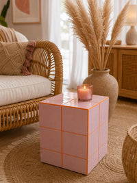 Handmade Blush Pink Ceramic Tile Cube Table, Bedside Accent Stand, Feminine Home Decor