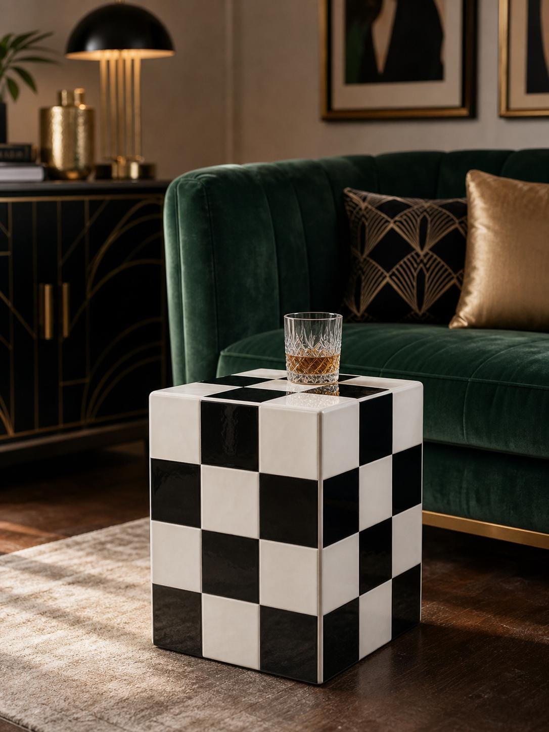 Checkerboard Tile Side Table, Black White Ceramic Cube Nightstand, Retro 80s Decor