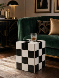 Checkerboard Tile Side Table, Black White Ceramic Cube Nightstand, Retro 80s Decor